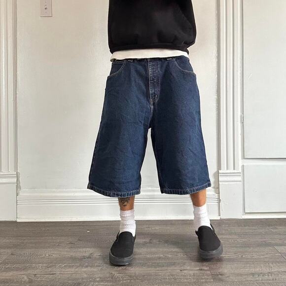Vintage Y2K Anchor Blue Dark Denim Baggy Long Shorts Jorts - Picture 1 of 8